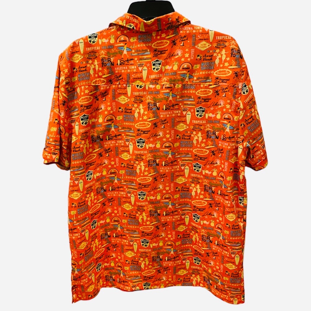 Mens Hawaiian Button Down Shirt Orange Surf Road to Hana L Hula Girls Multi - Picture 3 of 7